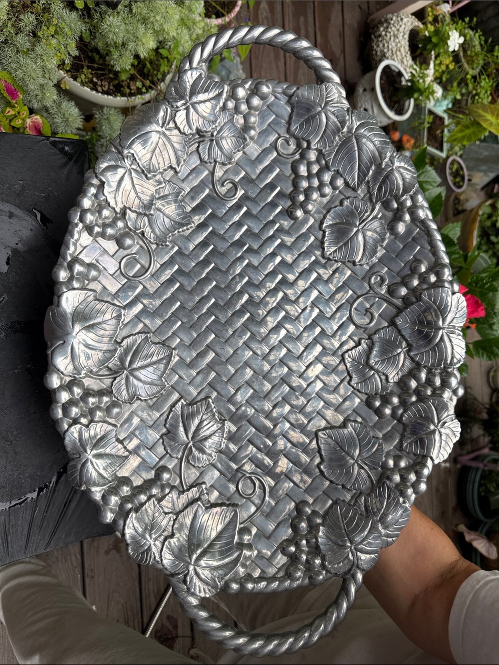 Lenox Silver-Tone Pewter Grape & Leaf Oval Serving Tray with Rope Handles
